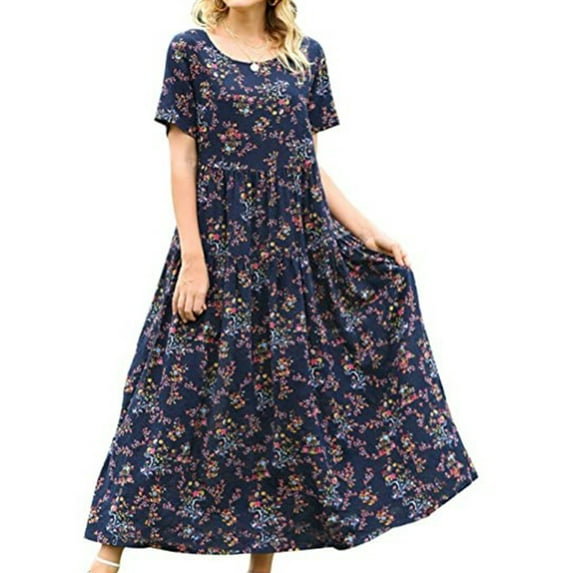 Capreze Ladies Crew Neck Long Dress Bohemian Elastic Waist Sundress Party Maxi Dresses Floral Printed Sundress
