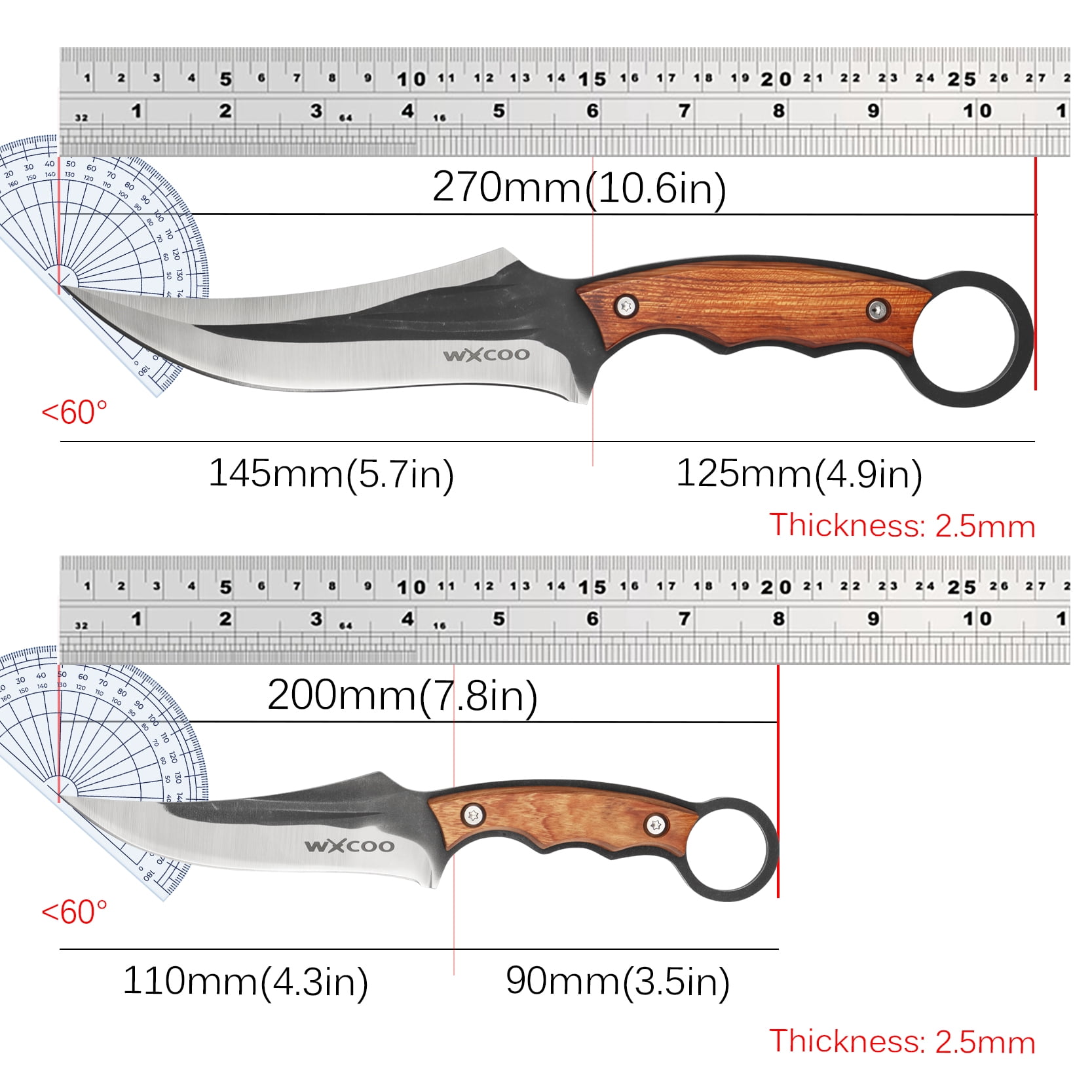 2-Piece Forged Fixed Blade Knives, Wood & Metal Composite Handle Ring Tactical Hunting Knife Set with Sheath