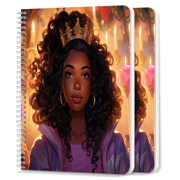 Spiral Notebook,College Ruled Journal,8.26" x 5.71" 50 Sheets/100 Pages,2 Pack - Black Woman With Curly Hair And Brown Skin Wearing A Crown