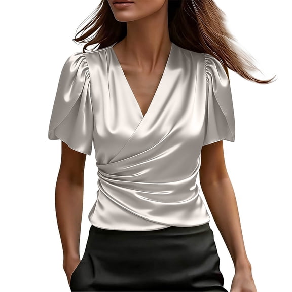 BLVB Satin Blouses for Women Short Petal Sleeve Silk Shirts Wrap V Neck Ruched Elegant Business Casual Tops