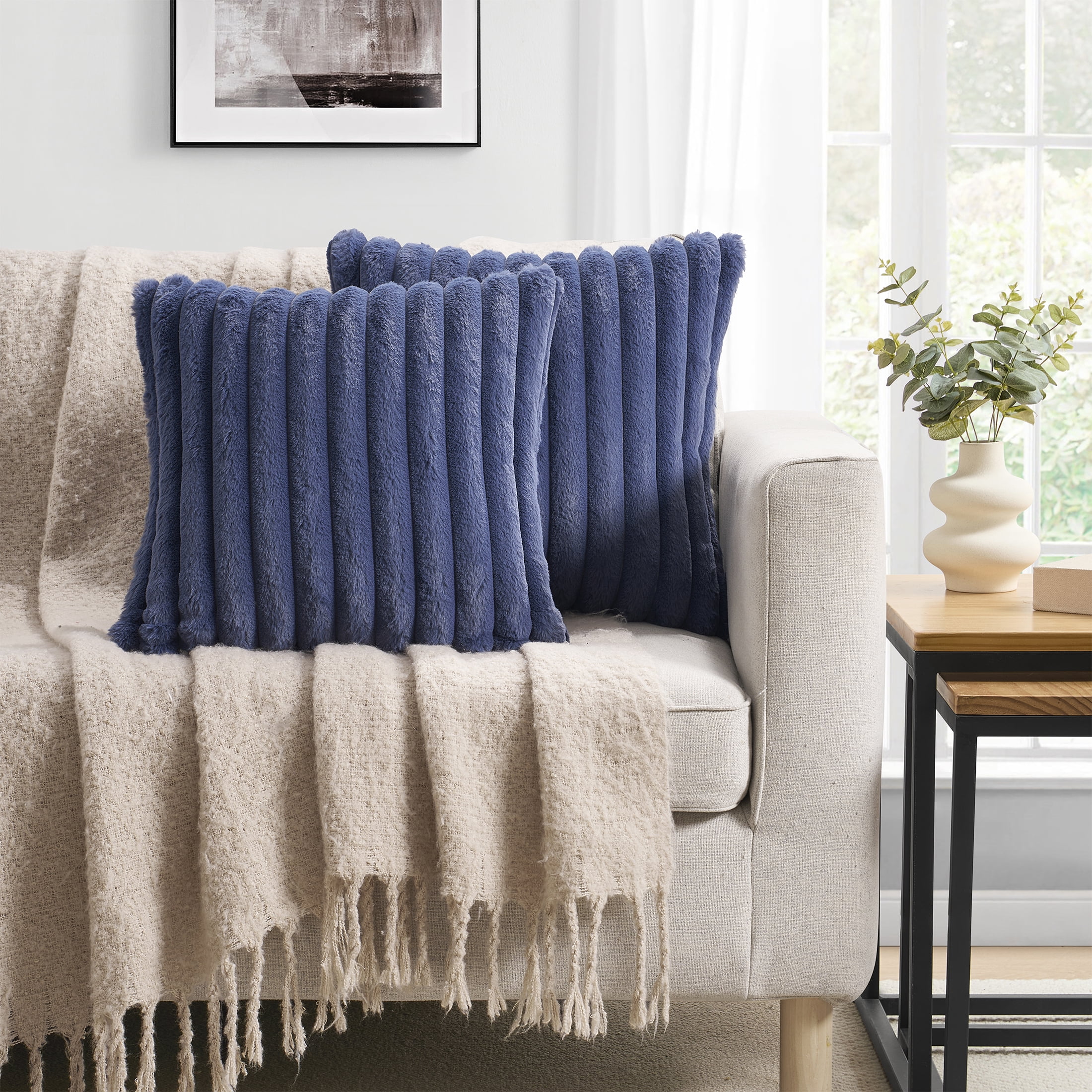 Mainstays 18" x 18" Washed Indigo Channel Faux Fur Decorative Pillow Covers (2 Count)