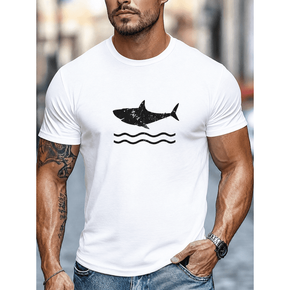 Men's Shark Graphic T-Shirt Casual Short Sleeve Crew Neck Summer Beach Tee White