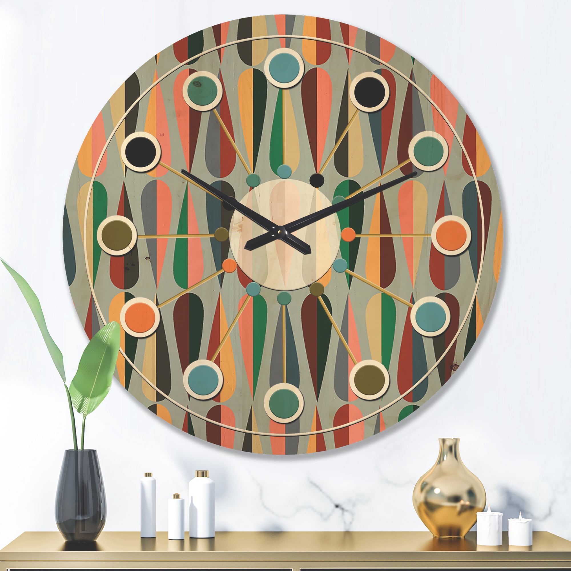Designart 'Abstract Retro Drops IX' Mid-Century Modern Wood Wall Clock