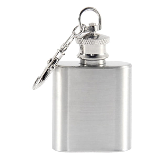 Frasco cuadrado de whisky de acero inoxidable de 28 ml y 1 onza con tapa plana y llavero para hombres y mujeres (plateado)