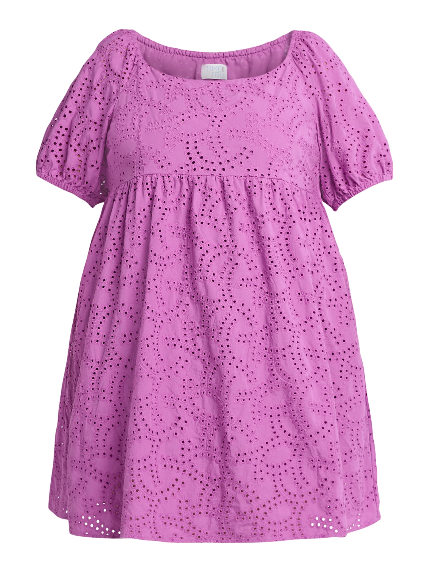 Time and Tru Women's Eyelet Dress with Puff Sleeves, Sizes XS-XXXL