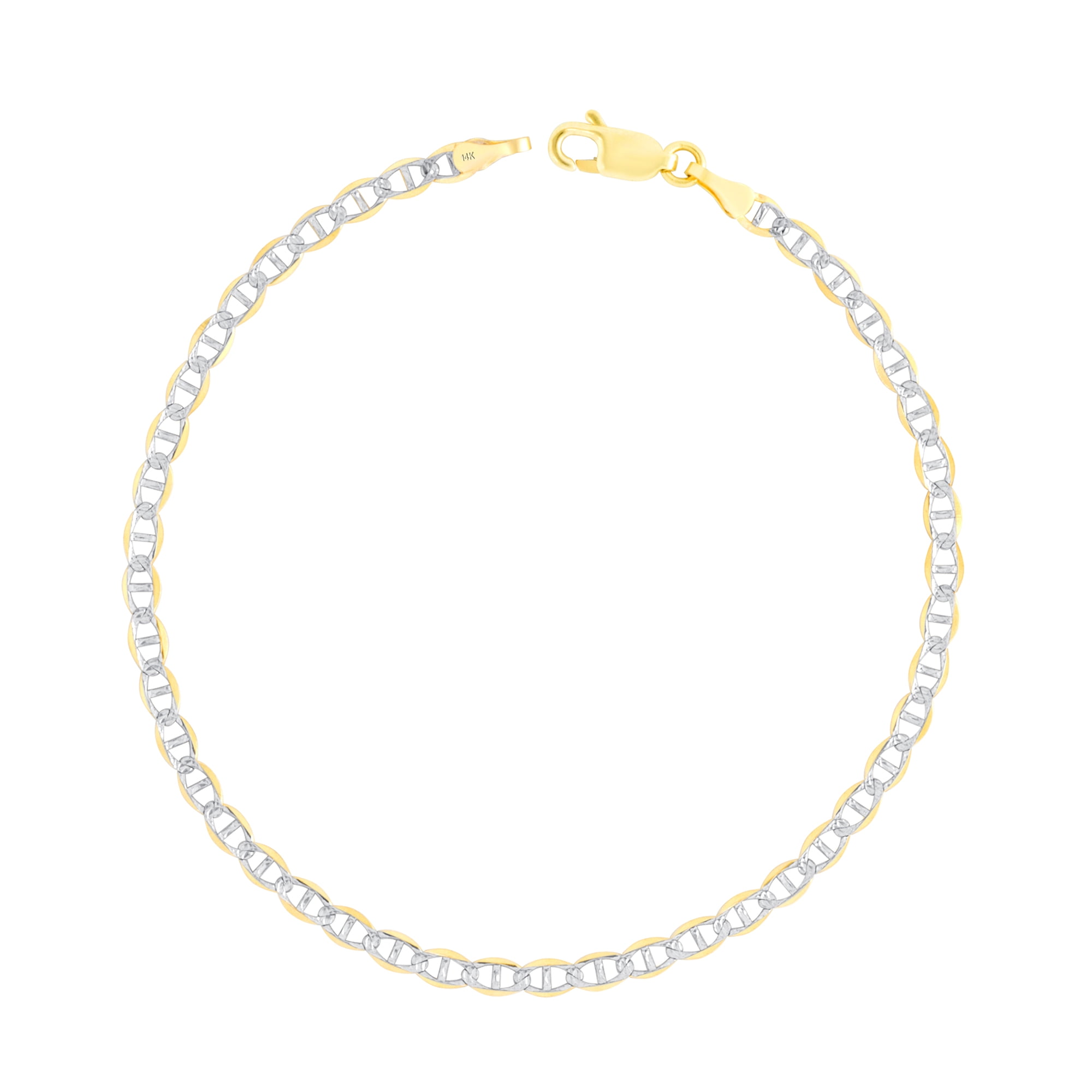 Nuragold 14k Real Yellow Gold Solid Mariner 3mm Anchor Chain Pave Diamond Cut Bracelet (7"-9") Two Tone Italian Jewelry for Men & Women