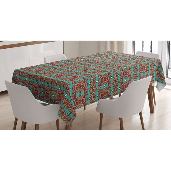 Tribal Tablecloth, Repetitive Ethnic Abstract Pattern Art Illustration, Rectangle Satin Table Cover Accent for Dining Room and Kitchen, 52" X 70", Seafoam Magenta, by Ambesonne