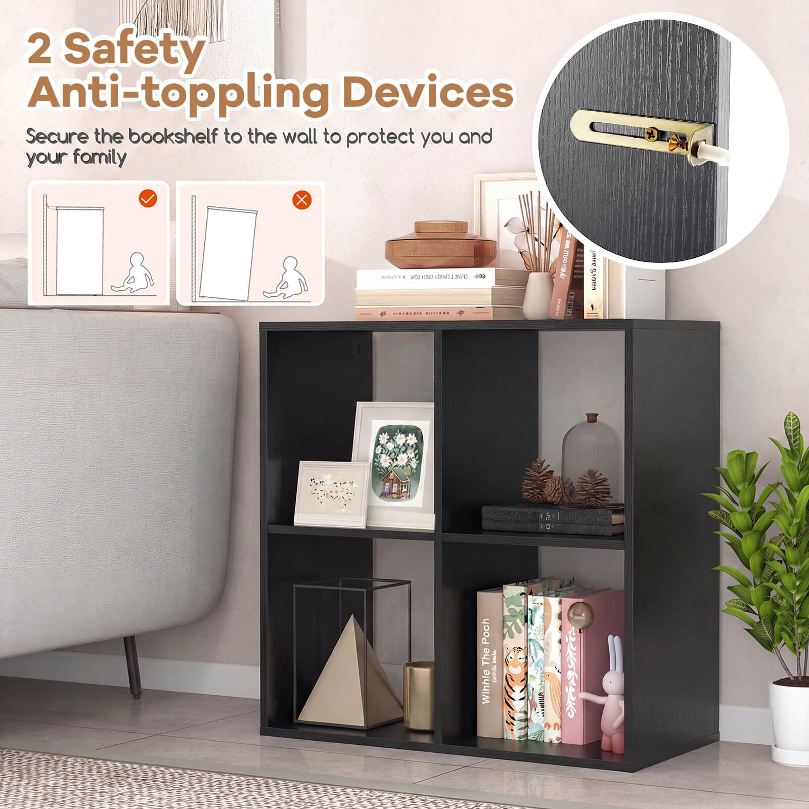 Costway 4-Cube Open Bookshelf with Anti-tip Kits Home Modern Style Storage Shelf for Study Black