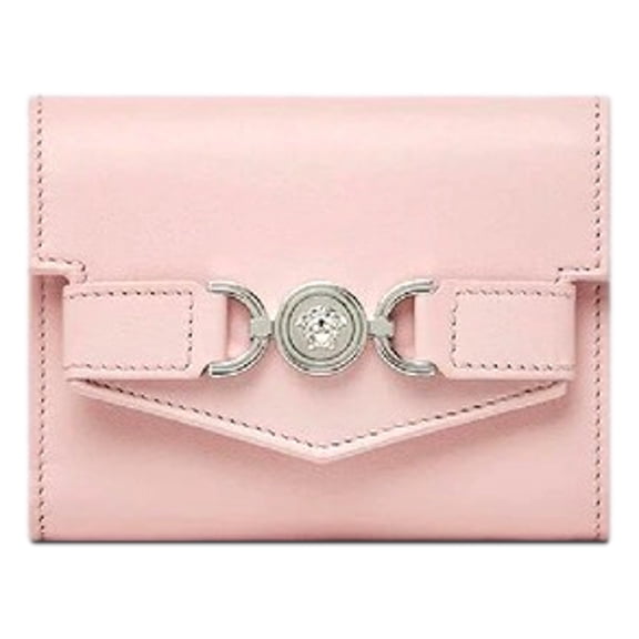 New Versace Medusa 95 Dusty Pink Leather Tri Fold Snap Wallet with Card Slots and Coin Pocket Made in Italy