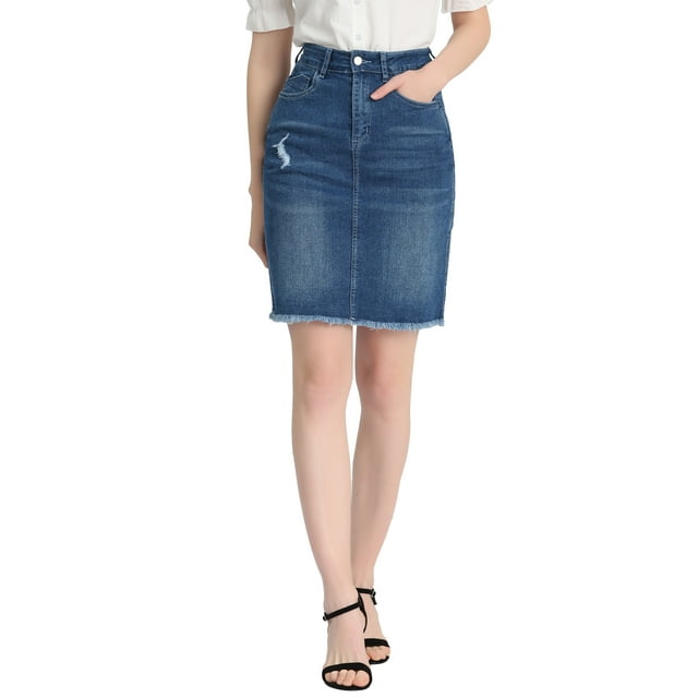 Unique Bargains Women's Distressed Ripped Hem Washed Jeans Denim Skirt Vintage Blue M