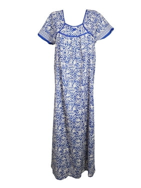 Mogul Women Blue White Maxi Dress Square Neck Printed Short Sleeves Housedress Sleepwear Kaftan L
