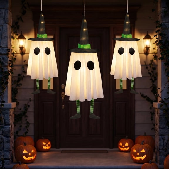DAYBETTER 3 Pack Halloween Hanging Ghosts Light Up Decor, LED Ghost with Witch Hat Cute Lighted Ornaments for Indoor Outdoor Yard Patio Porch Tree Spooky Decor Gifts