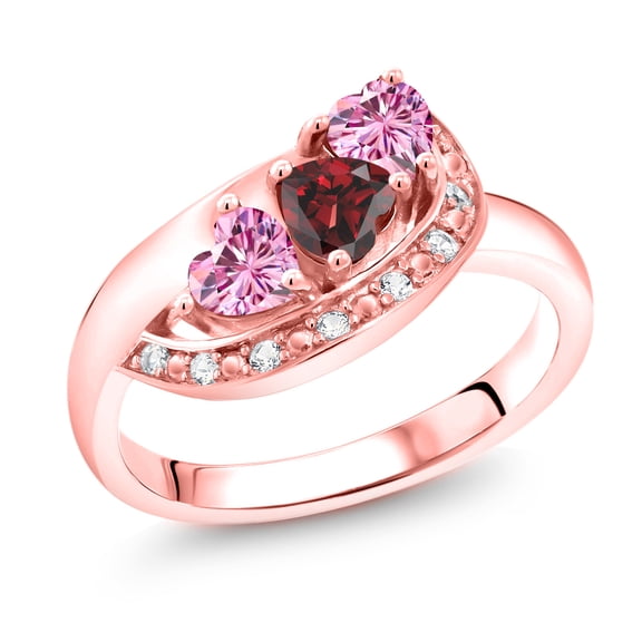 Gem Stone King 18K Rose Gold Plated Silver Red Garnet and Pink Moissanite and White Created Sapphire Engagement Ring for Women (0.89 Cttw, Gemstone January Birthstone, Heart Shape 4MM, Size 5)