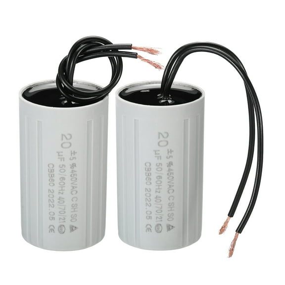 CBB60 20uF Running Capacitor, 2pcs AC 450V 2 Wires 50/60Hz Cylinder 70x40mm for Motor Start