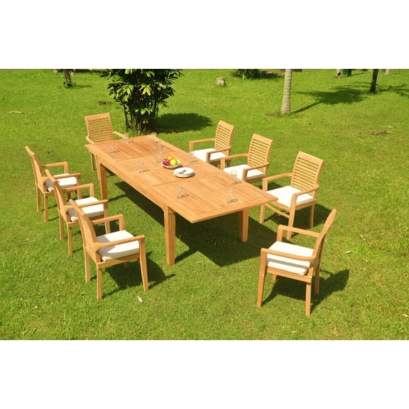Grade-A Teak Dining Set: 8 Seater 9 Pc: 122" Caranas Double Extension Rectangle Table And 8 Mas Stacking Arm Chairs Outdoor WholesaleTeak #WMDSMS41