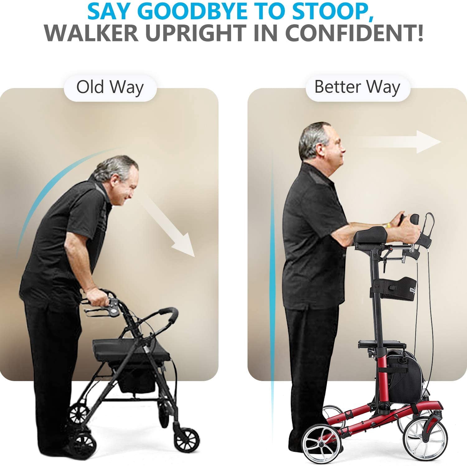 Oasisspace Upright Rollator Walker, Stand Up Rollator Walker with Seat and Armrests Tall Rollator Walker for Seniors and Adults, Red
