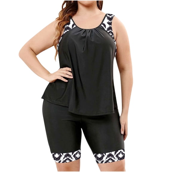 Fewfanhot Plus Size Women's Black Stripe Accent Tankini Set, Scoop Neck Swimsuit Top & High Waist Swim Shorts, Two Piece Tummy Control Bathing Suit Modest Swimsuit