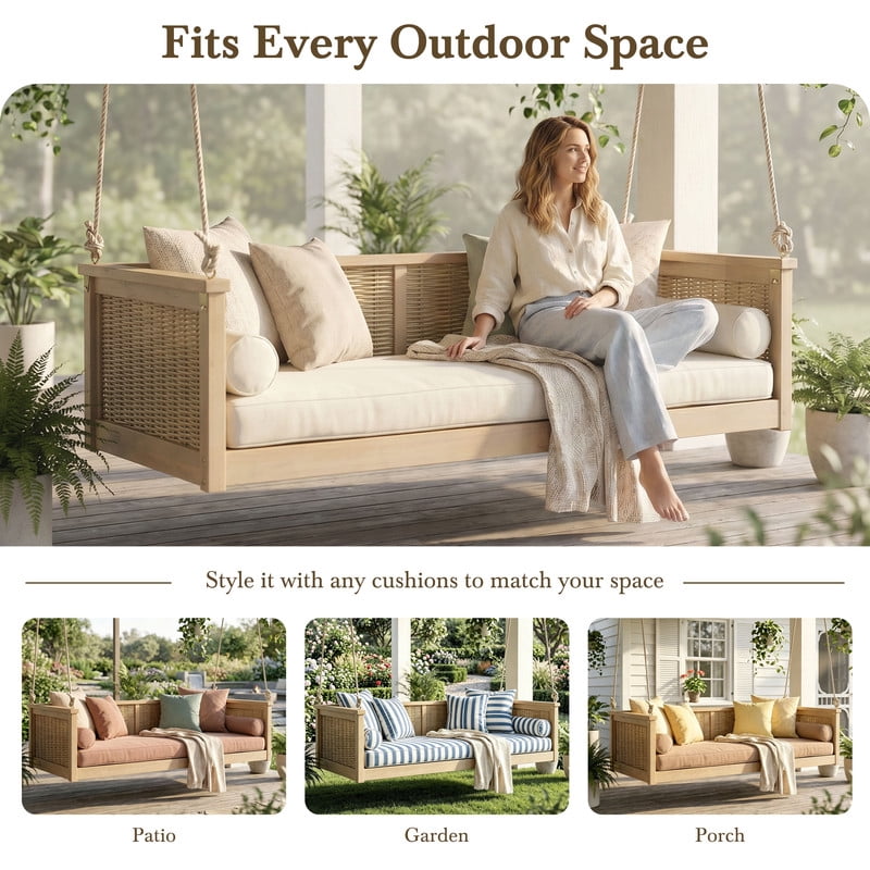 Outdoor Porch Swing Bench,Solid Acacia Wood & Rattan Patio Hanging Chair Swinging Bed,Hanging Ropes,for Porch,Backyard,Poolside,Light Teak