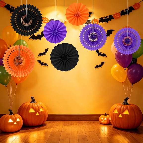 MYUNNIL Hanging Honeycomb Paper Fans, 6 Pcs Black Orange Purple Hollow Design Round Folding Fans Decoration Set, Lightweight Foldable Halloween Ceiling Ornaments for Wall Outdoor Party Supplies