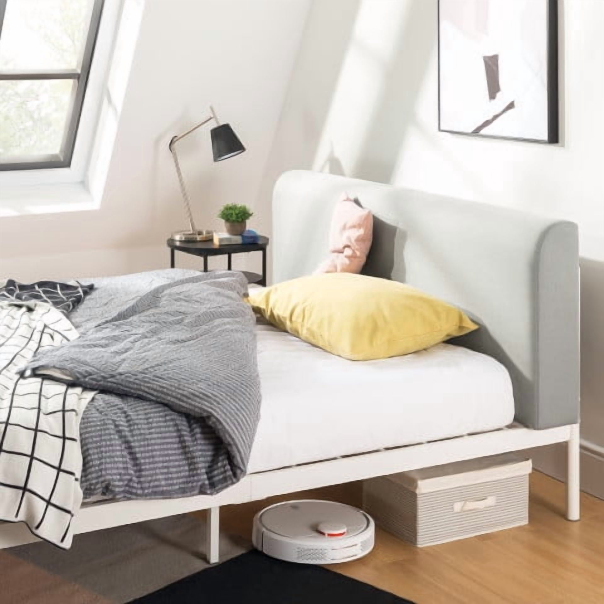Mellow BREE Metal Platform Bed with Curved Upholstered Headboard, Steel Slats, Easy Assembly, Sky Grey, Queen