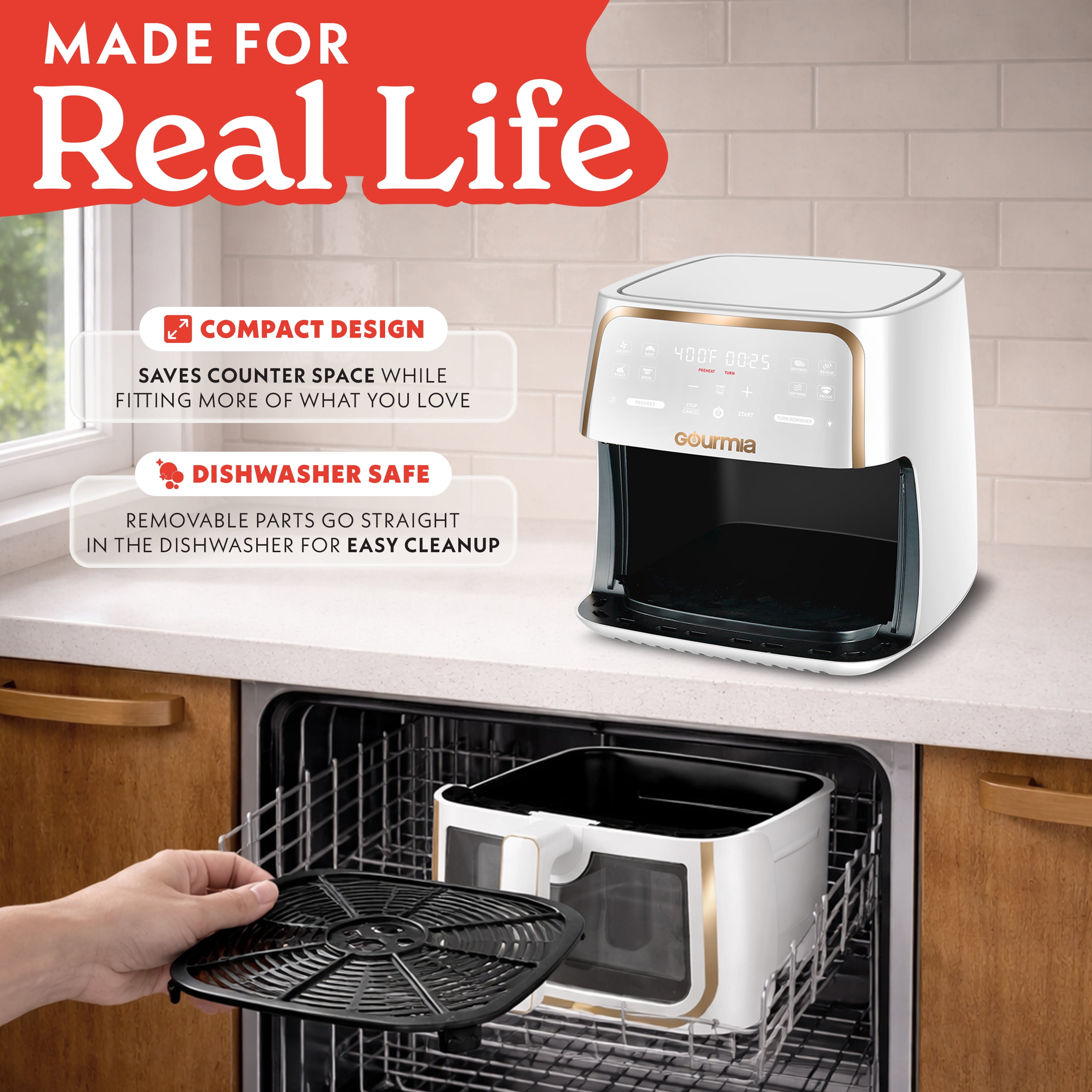 Gourmia 8 Qt Air Fryer, 8 Presets with Digital Display, FryForce 360° Technology, Easy View Window & Interior Light, Dishwasher Safe Basket, White