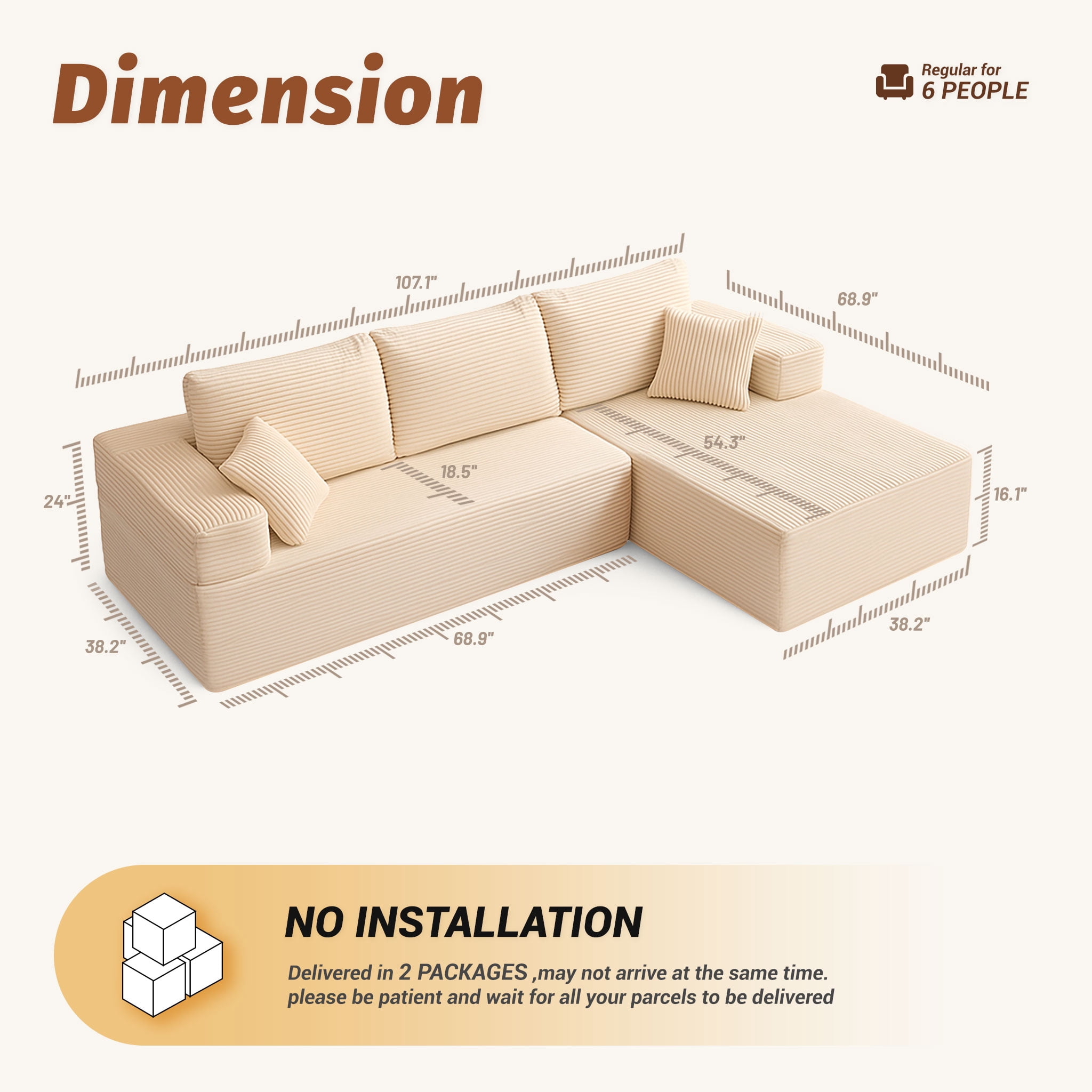 LAKPS 107" L-Shaped Right Modular Boneless Sofa, Deep Seat Corduroy Couch for Adults, No Assembly Required (2 Packages), Camel