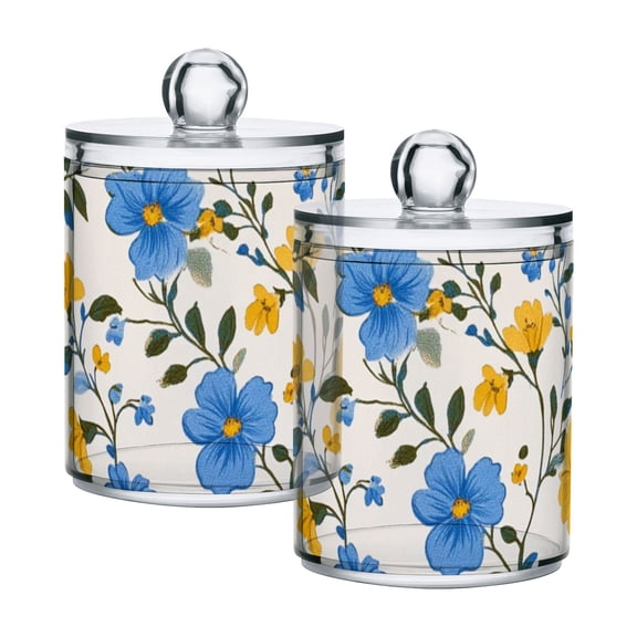 Yellow and Blue Florals Leaves Pastel Translucent Plastic Cans Storage Canisters with Lid Set of 2