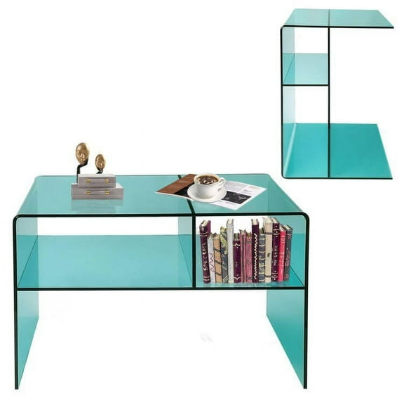 Acrylic Coffee Table, 24" L × 14" W ×16" H, Modern Clear Acrylic Coffee Table 2-Tier for Living Room,Waterfall Table with Rounded Edges (Green)