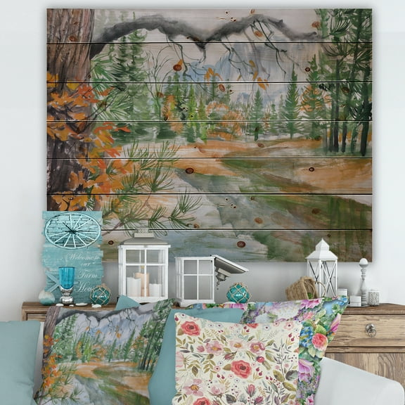 Designart 'Trees With River In Autumn Forest' Lake House Print on Natural Pine Wood