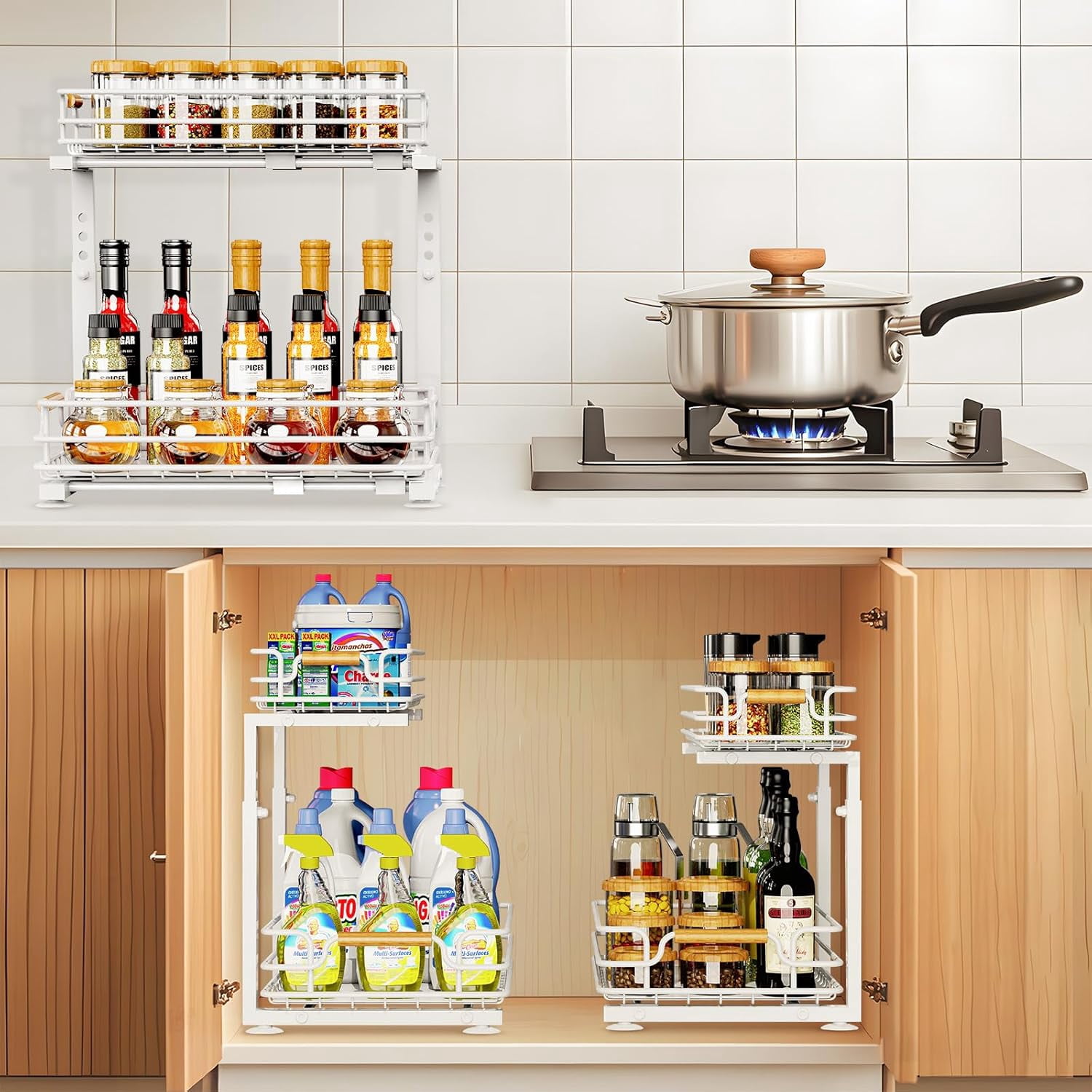 Under Sink Organizer, 2 Tier Pull out Under Kitchen Bathroom Sink Organizer and Storage, Metal Sliding Drawer for Cabinet Pantry Undersink Organizers Shelf (White, 2 Pack)