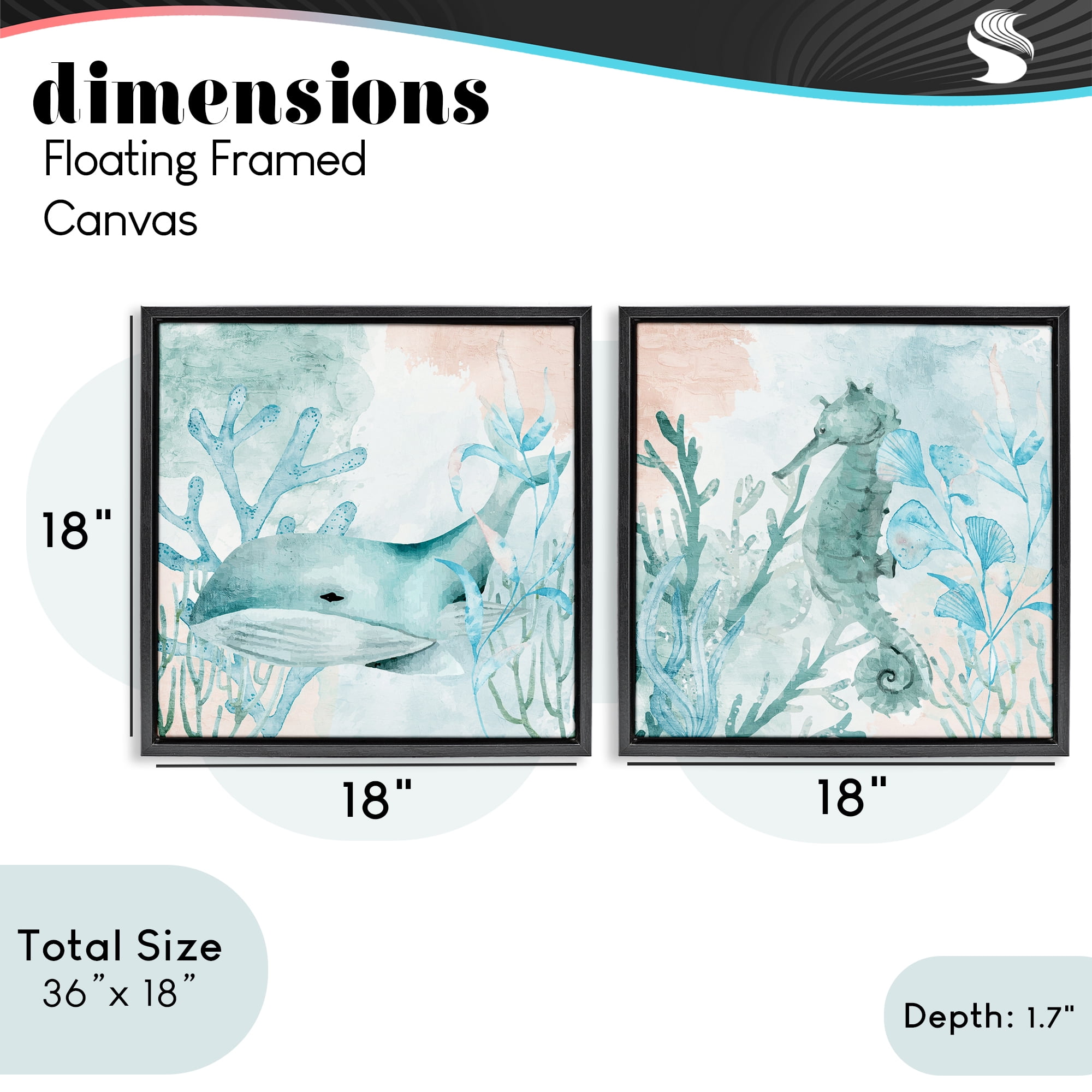 Stupell Industries Whale & Seahorse Sea Swim 2 Piece Black Framed Floater Canvas Set, design by Kim Allen