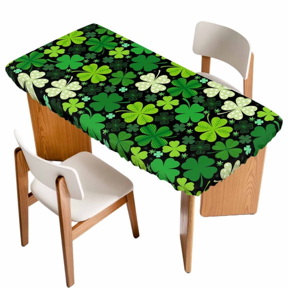 St. Patrick's Day Table Cloths for 5 Foot Rectangle Tables, Lucky Shamrocks Spring Leaves Plants Patio Waterproof Elastic Fitted Tablecloths, Washable Rectangular Table Cover for Camping