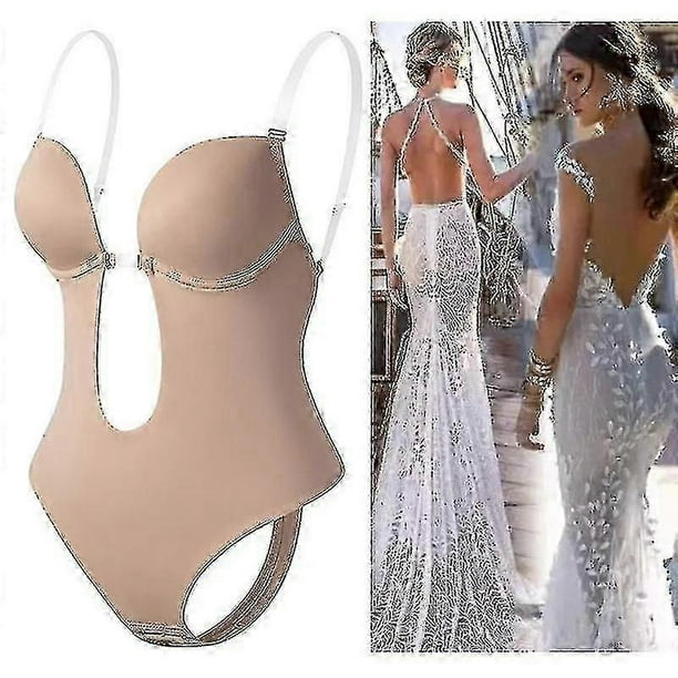 Backless Body Shaper Bra Women Plunging Deep V-neck Body Shaper Seamless Thong Invisibles Shapewear For Wedding