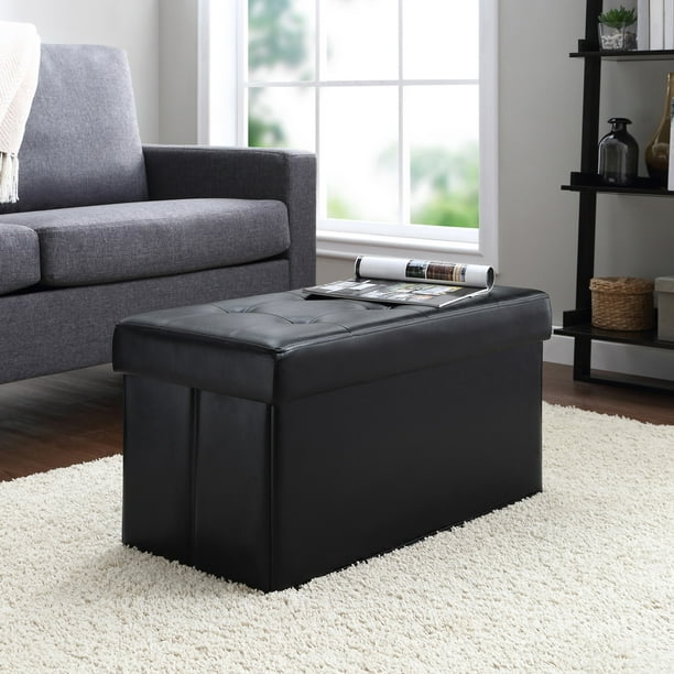 Mainstays Collapsible Storage Ottoman, Black Faux Leather Ottoman