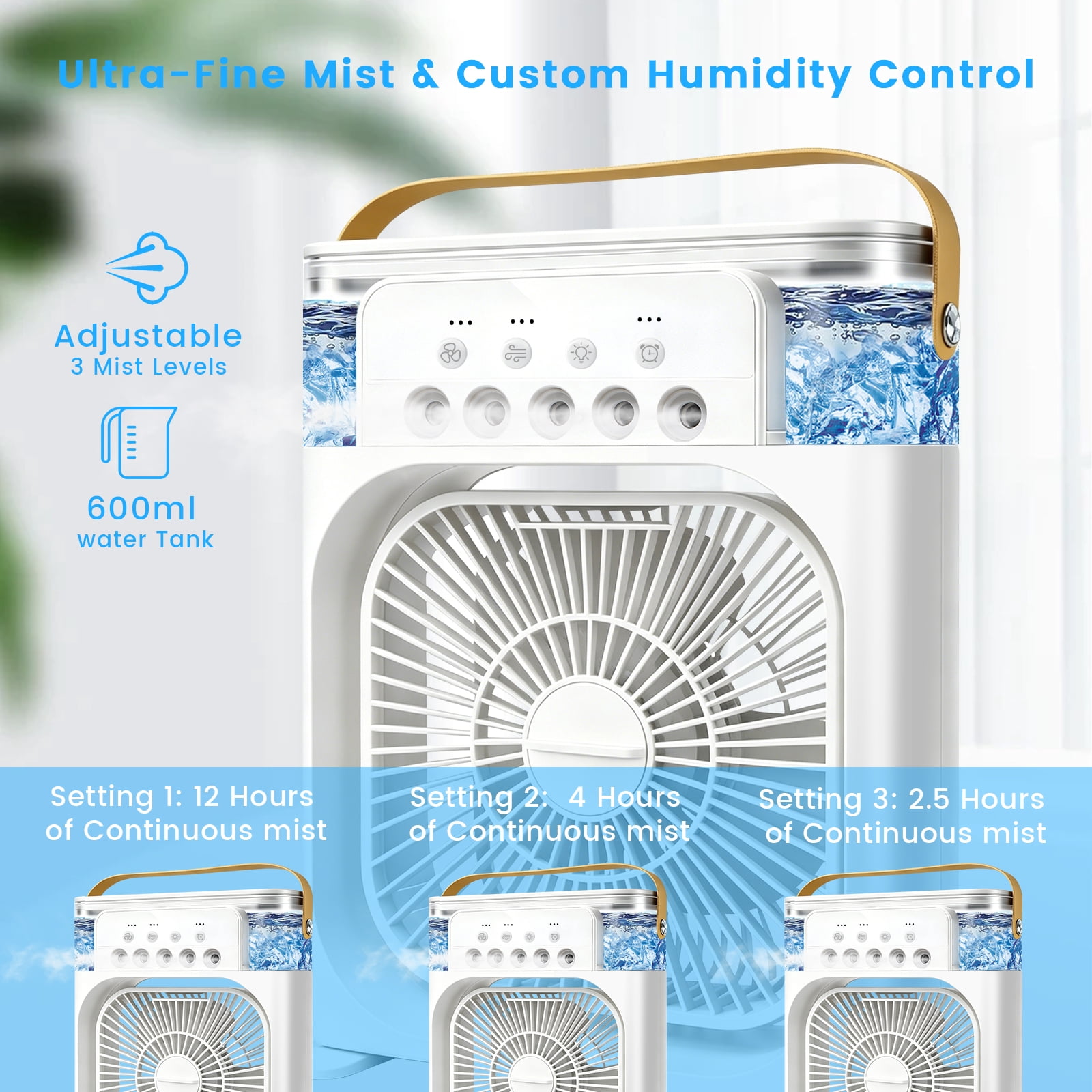 HEEYCEM 10 Inch Ice Mist Desktop Fan, Humidifying Cooling Fan Compatible with Essential Oil, Mosquito Repellent Liquid and Ice Cubes, 3 Speed Adjustable, 180° Adjustable Angle, Detachable Easy Clean