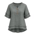 thumbnail image 4 of Womens Cotton Linen Boho Tops Summer Gauze Fringe Retro Shirts Short Sleeve V Neck Raw Hem Loose Beach Blouses, S, 4 of 5