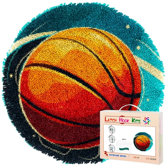 Latch Hook Rug Kit Cartoon Basketball Stamped Handmade Round Shape Carpet Crochet Yarn Craft DIY Hook and Latch Door Mat Tapestry for Home Floor Decor 50x50cm(2)