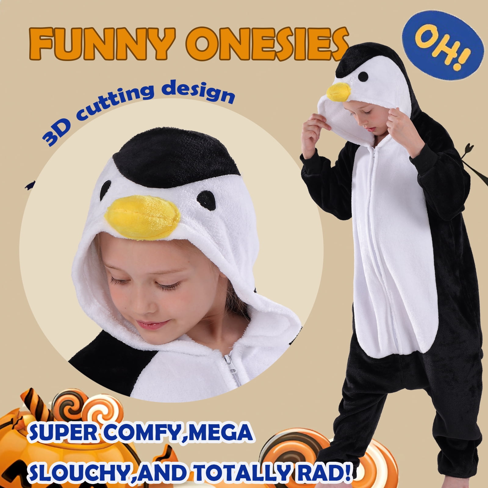 SWEETXIN Kids Penguin Onesie Pajamas Halloween Plush Costume Sleepwear Christmas Gift for Girls Boys Jumpsuit 6Years
