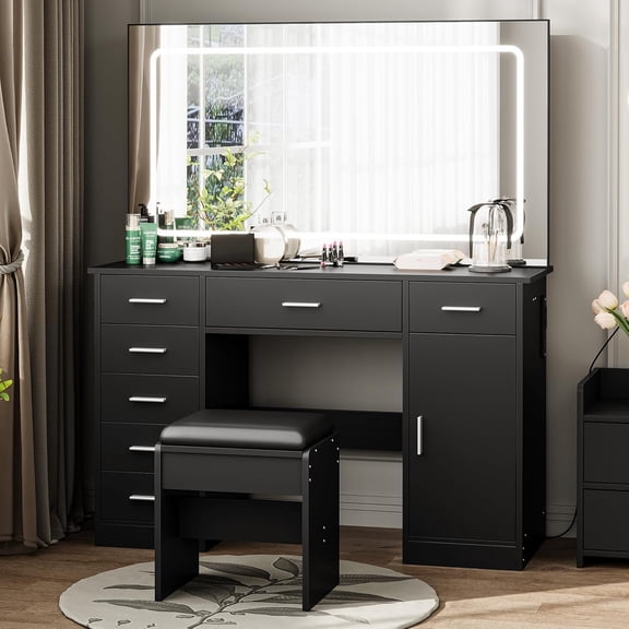 Vanity Desk with LED Lighted Mirror and Power Outlets, 7 Drawers Makeup Table with Storage, Sturdy Dressing Table with Stool, Modern Bedroom Vanity,Black