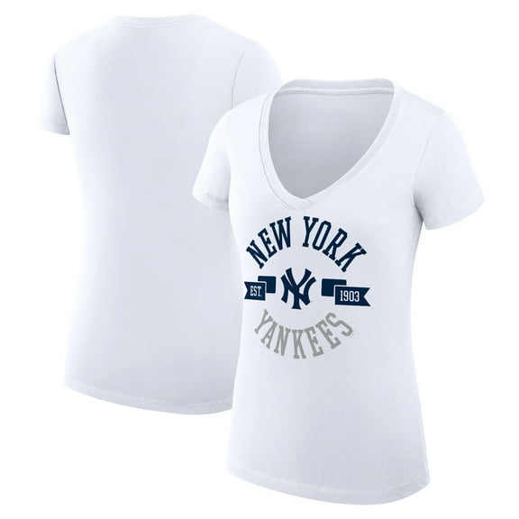 Women's G-III 4Her by Carl Banks White New York Yankees Super-Slim Fit Lightweight City Graphic V-Neck T-Shirt