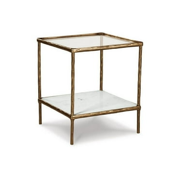 Benjara Dalie 25 Inch Accent Table, Square Glass Tabletop, Marble, Antique Gold