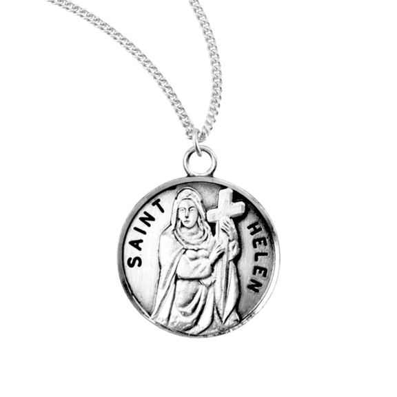 Patron Patron Saint St Helen Round Sterling Silver Medal, 0.9" x 0.7", 18" Rhodium Plated Stainless Steel Chain Necklace, Made in USA, Deluxe Velvet Gift Box
