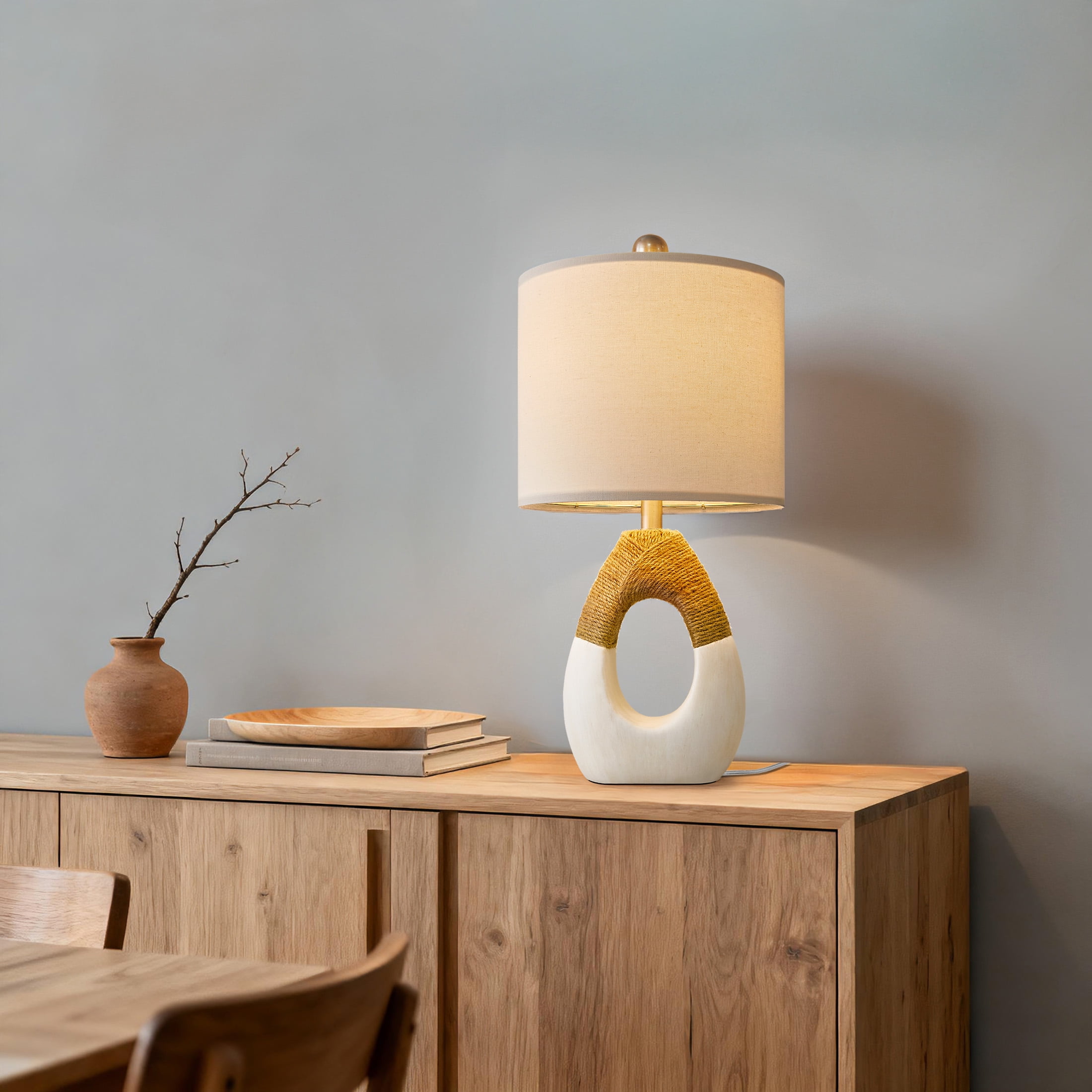 Oneach 19" White Boho Table Lamp for Living Room Bedroom Modern Resin Bedside Nightstand Lamps Set of 2 for Office Study Rattan Light