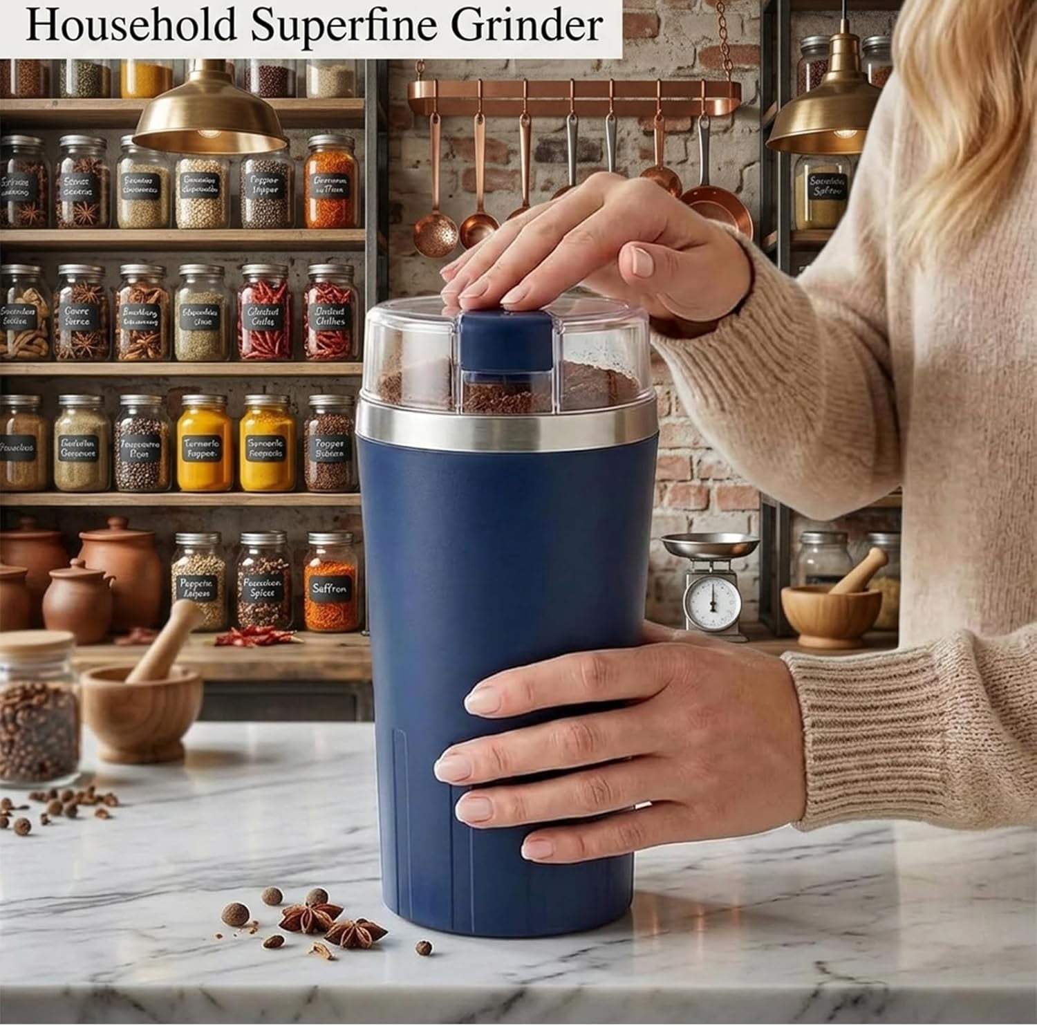 Household Superfine Grinder - Multi-Grain Blending & Powdering Machine, Stainless Steel Blade One Touch Grinding Design, Electric Spice Grinder for Coffee Beans Herbs Nuts Seeds Pepper Grain (Blue*2)