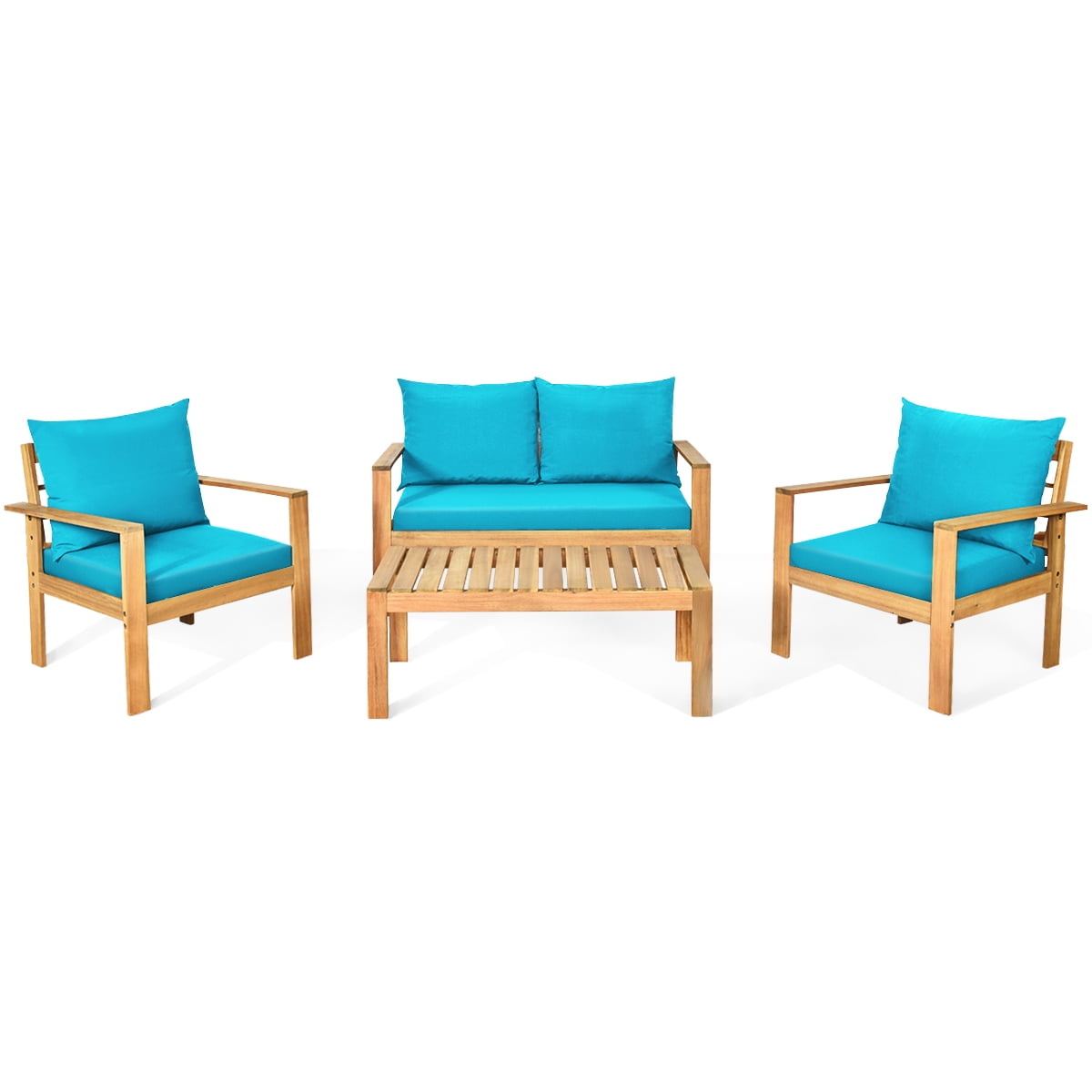 Gymax 4PCS Patio Acacia Wood Conversation Furniture Set w/ Turquoise Cushions