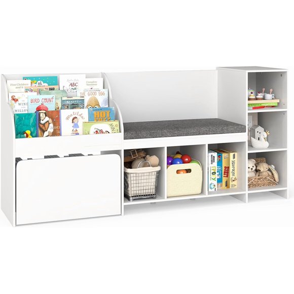INFANS Kids Bookshelf Toy Storage Organizer with Reading Nook Seat Cushion, Drawer on Wheels and 6 Storage Cubbies, 3-Tier Bookcase with Bench for Nursery, Bedroom, Playroom
