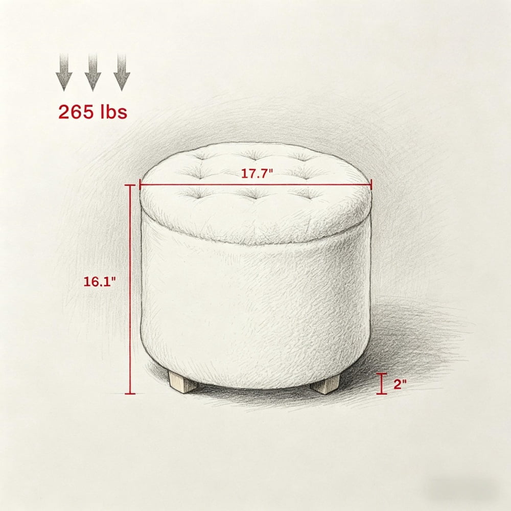 Storage Ottoman, 10.7 Gallon Teddy Fleece Ottoman with Storage, Button Tufted Footstool with Pine Wood Legs, Round Multifunctional Storage Bench for Living Room Bedroom