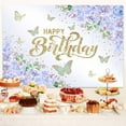 thumbnail image 3 of Women’s Birthday Party Backdrop Banner - Purple Floral Butterfly Design for Cake Table Decor, Happy Birthday Background 6x4 FT, 3 of 5