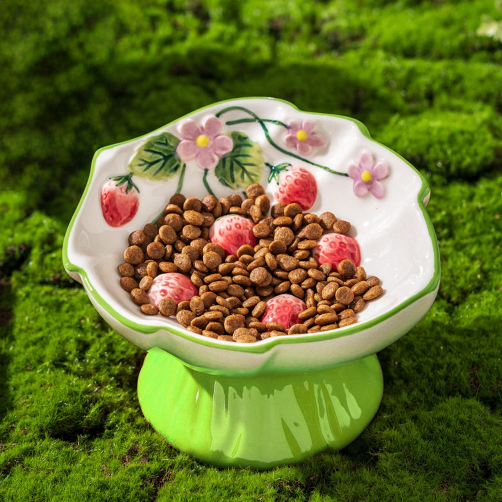 Tarmeek Pet Slow Feeder Bowl Ceramic Strawberry Design Elevated Anti-Choke Anti-Tip Cat Dog Bowl for Neck Health Green