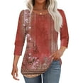 thumbnail image 2 of Women's Retro Botanical Printed Round Neck 3/4 Sleeve T-Shirt, Breathable Cotton Casual Top for Weekend Brunch or Office Outfits,Red M, 2 of 5
